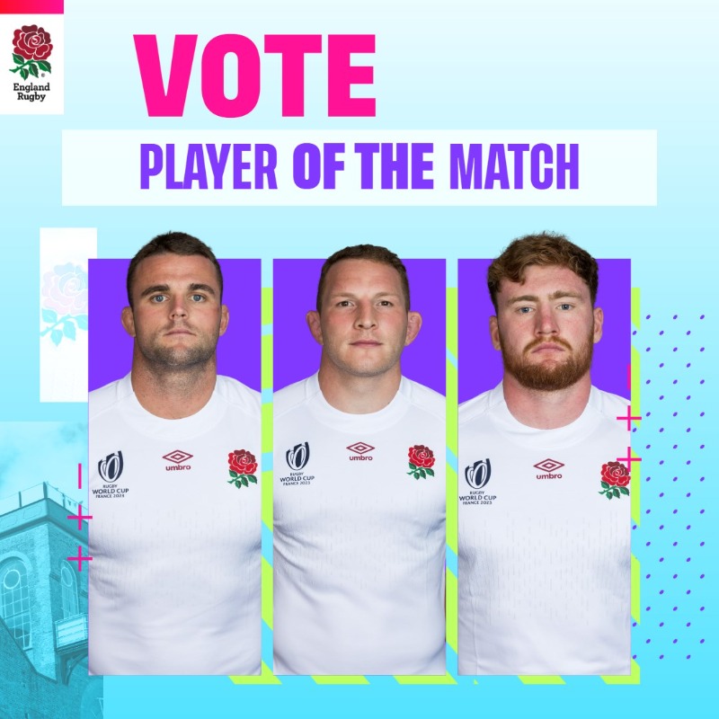 EnglandRugby's tweet photo. Who wins your vote for Player of the Match? 🌹

Tap below to have your say 📲

#ARGvENG | #RWC2023