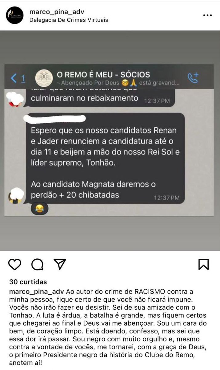 Cf27Magno's tweet photo. Atitude totalmente lamentável e repugnante faz com a eleição presidencial do @ClubeDoRemo ganhe a esfera policial.

Declaração do torcedor André Anaisse (um dos articuladores da chapa de Tonhão, nas redes sociais) contra o candidato Marco Antônio Pina, contendo injúria racial, resulta em ação judicial.

Apoiar candidato A ou B, tudo bem. Isso é do processo, mas partir para estes métodos? Meus amigos, isso é inadmissível!