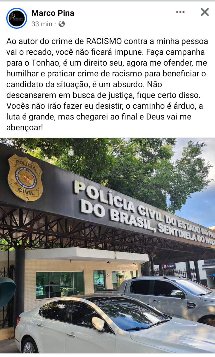 Cf27Magno's tweet photo. Atitude totalmente lamentável e repugnante faz com a eleição presidencial do @ClubeDoRemo ganhe a esfera policial.

Declaração do torcedor André Anaisse (um dos articuladores da chapa de Tonhão, nas redes sociais) contra o candidato Marco Antônio Pina, contendo injúria racial, resulta em ação judicial.

Apoiar candidato A ou B, tudo bem. Isso é do processo, mas partir para estes métodos? Meus amigos, isso é inadmissível!