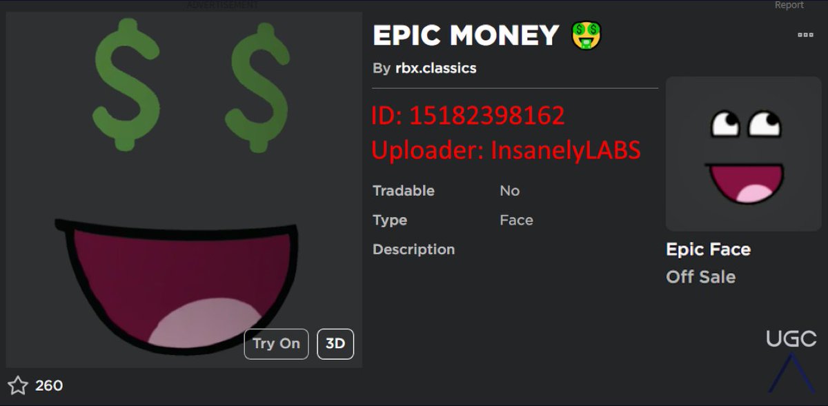 Peak” UGC on X: UGC creator onift uploaded 2 1:1 copies of the face Epic  Face. #Roblox #RobloxUGC  / X