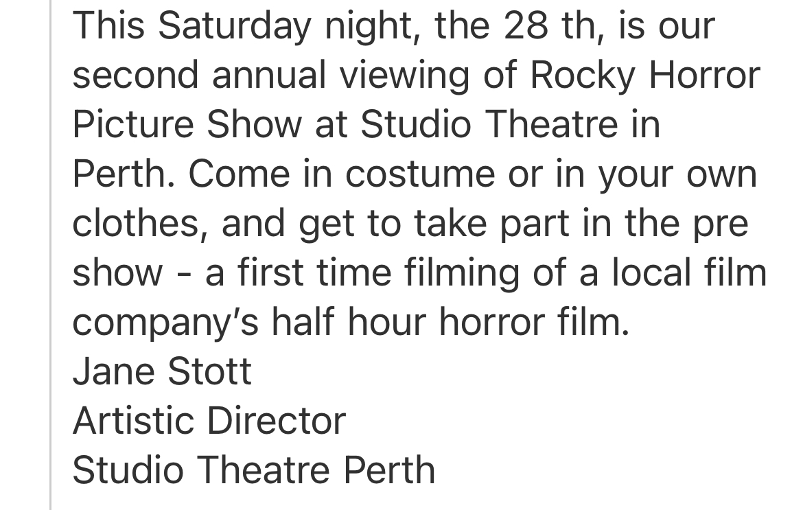 Hear @CBCOntarioToday pod: your Rocky Horror Picture Show stories — cbc.ca/listen/live-ra… 1 caller met the love of her life at the show, a show in Parry Sound inclu visits by police …and we received the note below 👇🏿