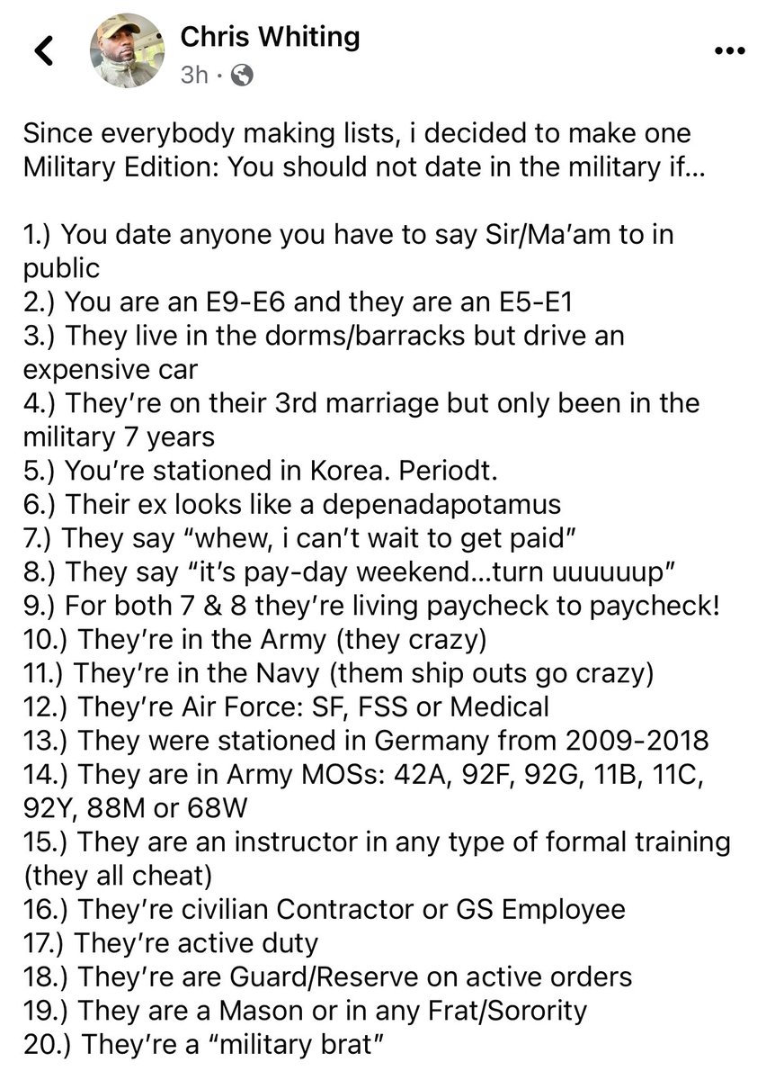 prmade313raised's tweet image. Here’s a list for the military 😂😂
I would feel attacked if I was still in!