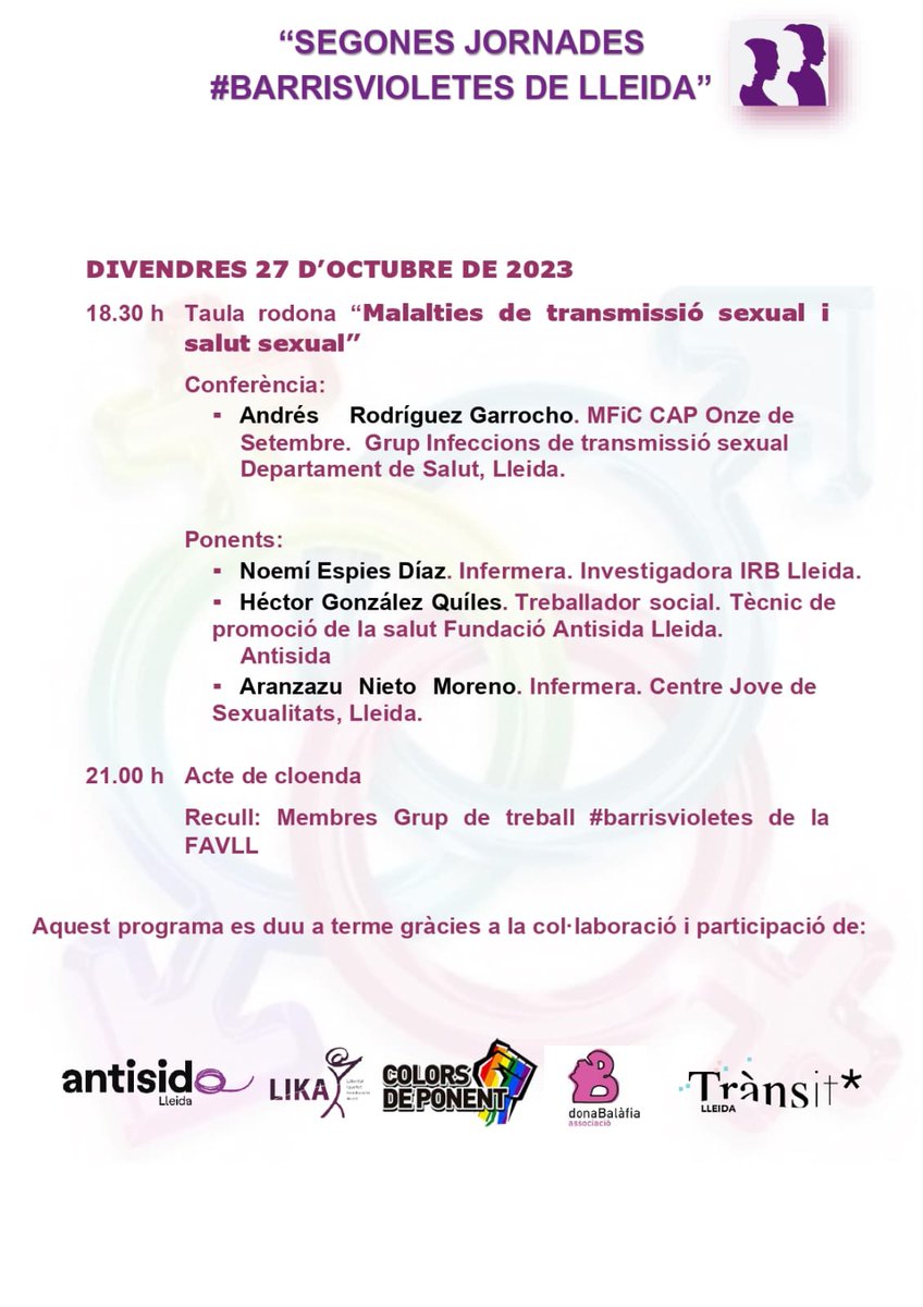 Jornada de barris violetes,avui farem la cloenda,amb la participació dels professionals que teniu al cartell, felicitats al grup impulsor