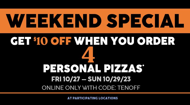 Get $10 off when you order 4 personal pizzas! 🚨 Use code TENOFF at checkout - Valid on ONLINE ORDERS ONLY at order.thanx.com/piefivepizza *purchase any combination of four (4) personal Whatever I Want or Signature pizzas, get $10 off your purchase ($43.96 minimum purchase required).