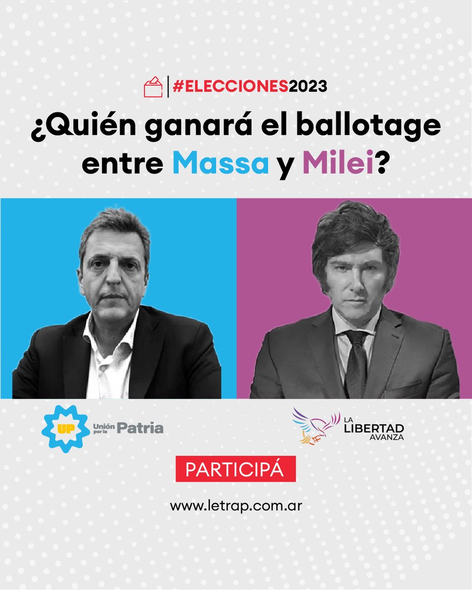 Letra_P's tweet photo. 🗳️ Calculadora de #Ballotage: pronosticá quién ganará entre Massa y Milei

📊 Con el simulador online se pueden probar todas las opciones posibles de la segunda vuelta y ver quién sería el próximo presidente

🔗 Participá acá >>> https://t.co/v8fvMynBo6 https://t.co/yVKgmIFNGj