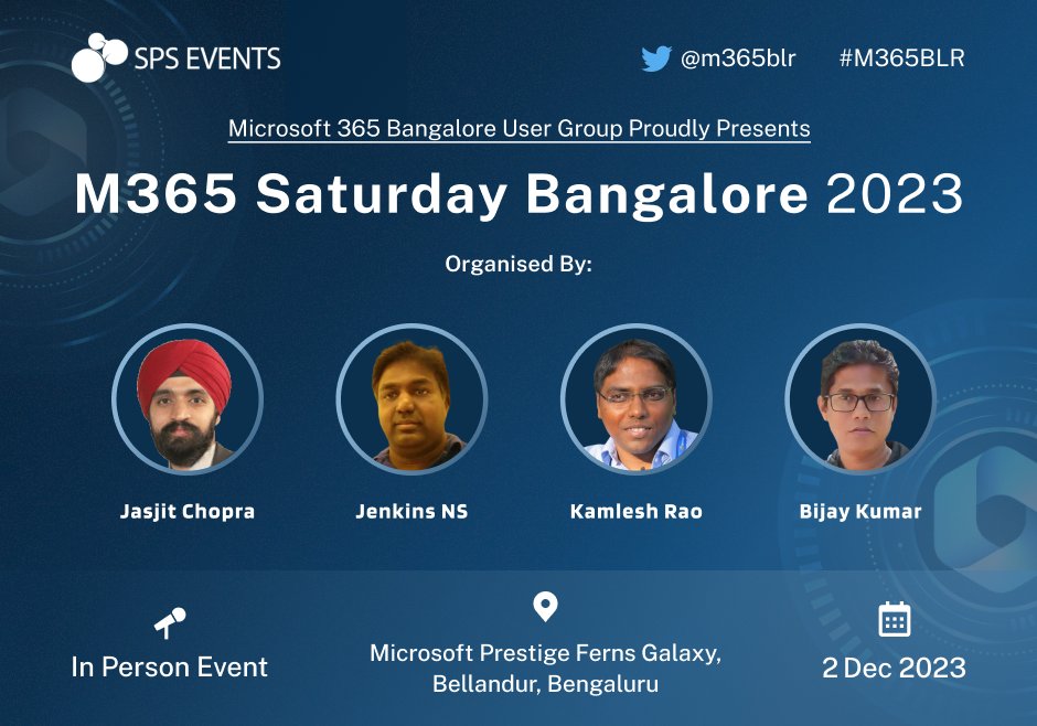 Dear Community! We are proud to announce "Microsoft 365 Saturday Bangalore 2023" is a free event happening 6th time, will take place on 2nd Dec 2023.
We officially invite you to our event. Please save the date, share the event and Register here: m365event.com #jpower4