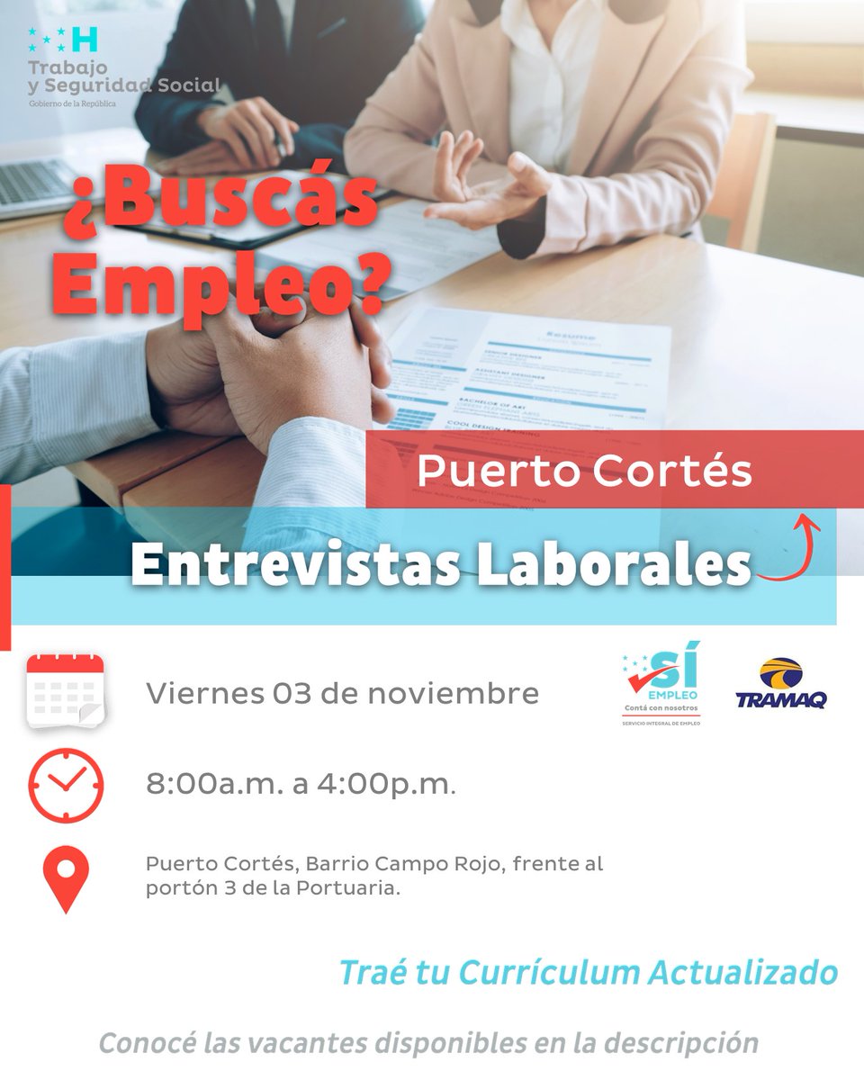 ➡️ 𝙑𝘼𝘾𝘼𝙉𝙏𝙀𝙎 𝘿𝙄𝙎𝙋𝙊𝙉𝙄𝘽𝙇𝙀𝙎:
✅ Piloto de transporte articualdo de combustible

📅Puedes aplicar únicamente asistiendo este 3 de noviembre

⚠️ Favor aplicar únicamente si la vacante se acopla a tu perfil

#empleo #PuertoCortes #trabajo #SETRASS