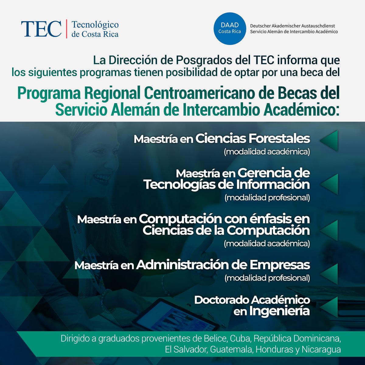 DAAD_CA's tweet photo. Ya están disponibles la convocatorias para Maestría en Administración y Ciencias Forestales en el ITCR, Costa Rica, en el marco de nuestro Programa Regional de #becas del #DAAD. https://t.co/E3qY06Jcl6 https://t.co/gfZ9G08UBu