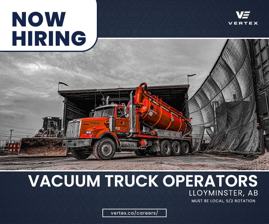 Vertex is hiring a Vac Truck Operator to join us at our Lloydminster, AB location. We are looking for local candidates, who are willing to relocate to Lloydminster.
vertexca.bamboohr.com/careers/896

#nowhiring #hiring #employment #albertajobs #lloydminster #vactruckoperators #truckerjobs