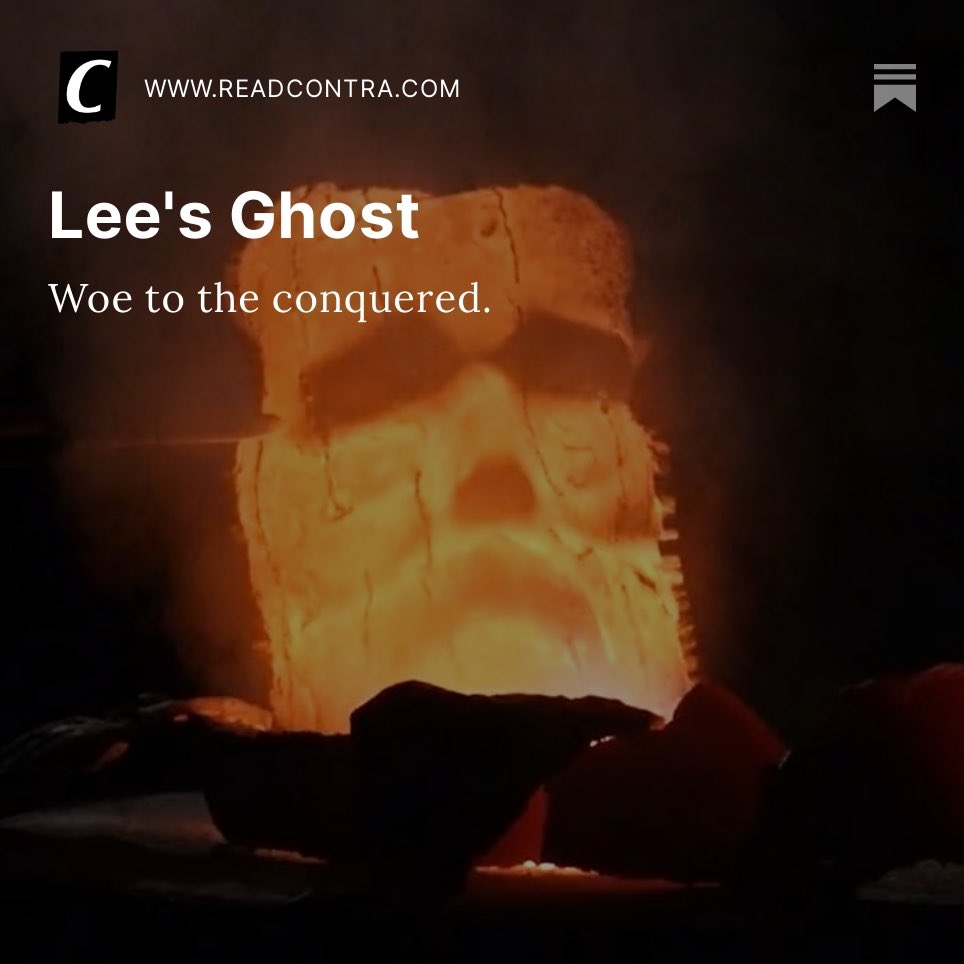 emeriticus's tweet photo. The countenance of Robert E. Lee assumed an incandescent glow atop a furnace before nameless foundry workers melted it down to oblivion. His bronze eyes seemed to peer down with a noble quietude, like a man who would deny his tormentors the satisfaction of a modicum of his suffering.

So was the fate of the statue of Lee that sat astride his horse in Charlottesville, Virginia. Here is my tribute to him.