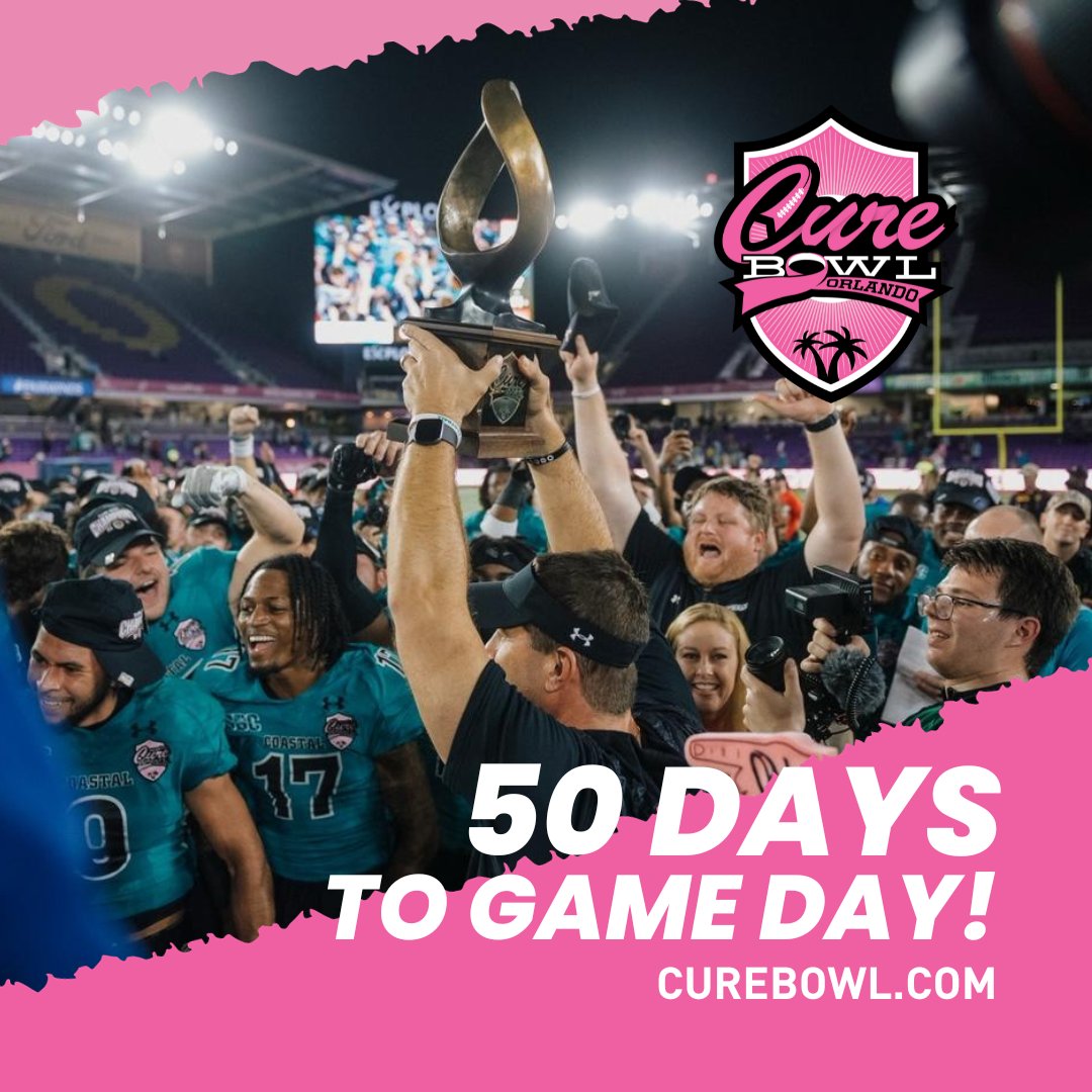 🏈 Exciting News! 🎉 Today marks the start of the 50-day countdown to the Cure Bowl! 🙌 Get ready for an amazing day of football, coming soon. Let the countdown begin! 📅🏆 #CureBowlCountdown #FootballFever #OrlandovsCancer