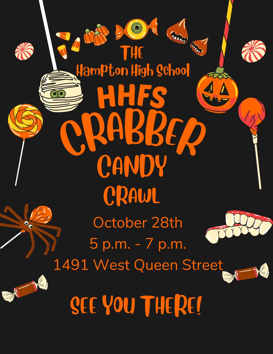 THEHamptonHigh's tweet photo. Come out and support THE Hampton High School and the HHFS for the Crabber Candy Crawl tomorrow 10/28/23 starting at 5:00 p.m. We hope to see you there! @HamptonCSchools @HCS_AoH https://t.co/FNsy4mld9Y