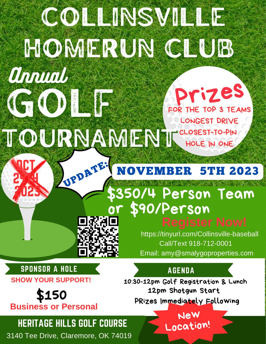 📣 DATE UPDATE! 📣

Our annual golf tournament has a new date, but the same time and place. Mark your calendars!

🗓 NEW DATE: November 5th 2023
⏰ TIME: 10:30 AM
📍 LOCATION: Heritage Hills, Claremore, OK  <a href="/CVilleCardsBall/">Collinsville Cardinal Baseball</a> <a href="/cvillecards/">Collinsville HS</a> <a href="/cvilleokschools/">Collinsville, OK School District</a>