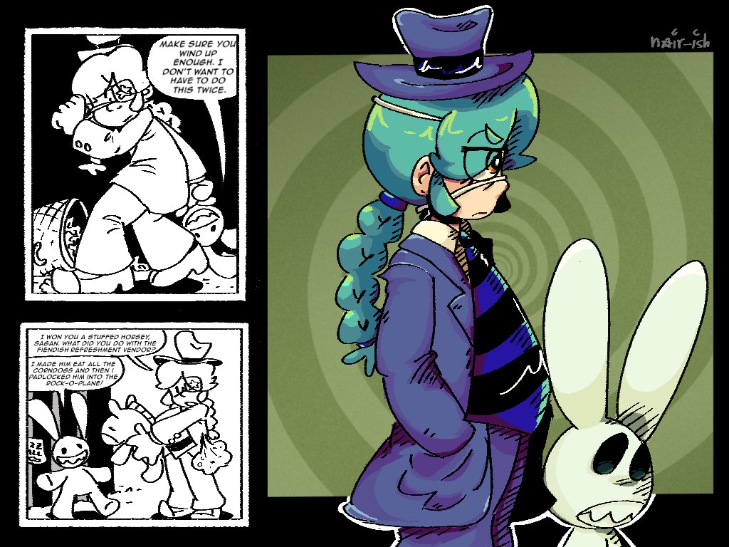 BULL3T_BEE's tweet photo. ANNIE &amp; SAGAN: FREELANCE POLICE OF THE STARS!

For my contest entry, Annie as Sam from Sam and Max, and two Sam and Max comic redraws! Sagan doesn't really need to dress as Max...

(#SkullgirlsHalloween2023 #SamAndMax) https://t.co/vslFkJzk97