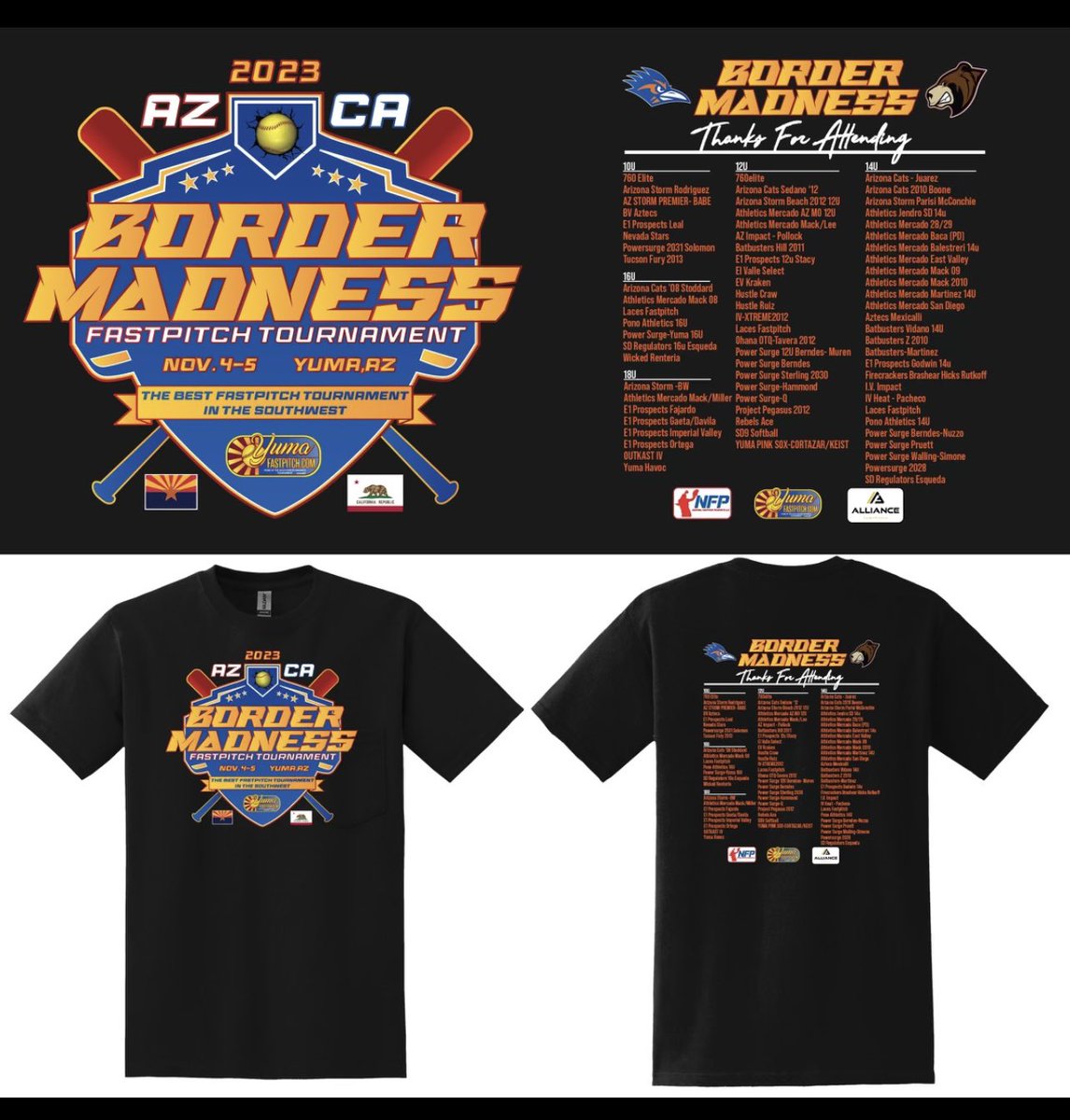 2023 Border Madness T-Shirts will be available for purchase at the check in table at the Pacific Avenue Athletic Complex in Yuma, Arizona. $25 get them quick they tend to sell out.