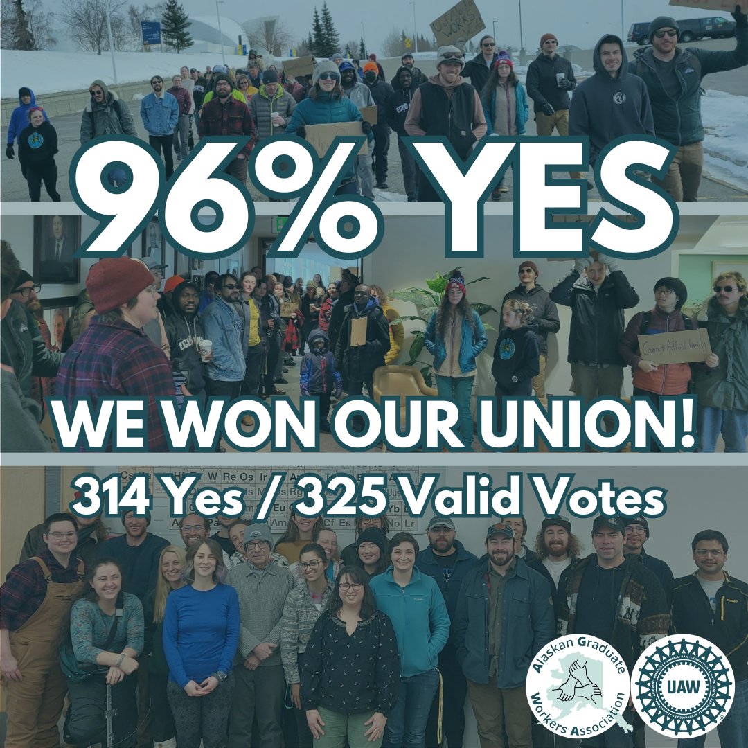WE WON! Over 72% of graduate workers voted in favor of being represented by AGWA-UAW at the bargaining table. Our final tally was 314-11 (96% yes!!) out of 434 eligible voters.