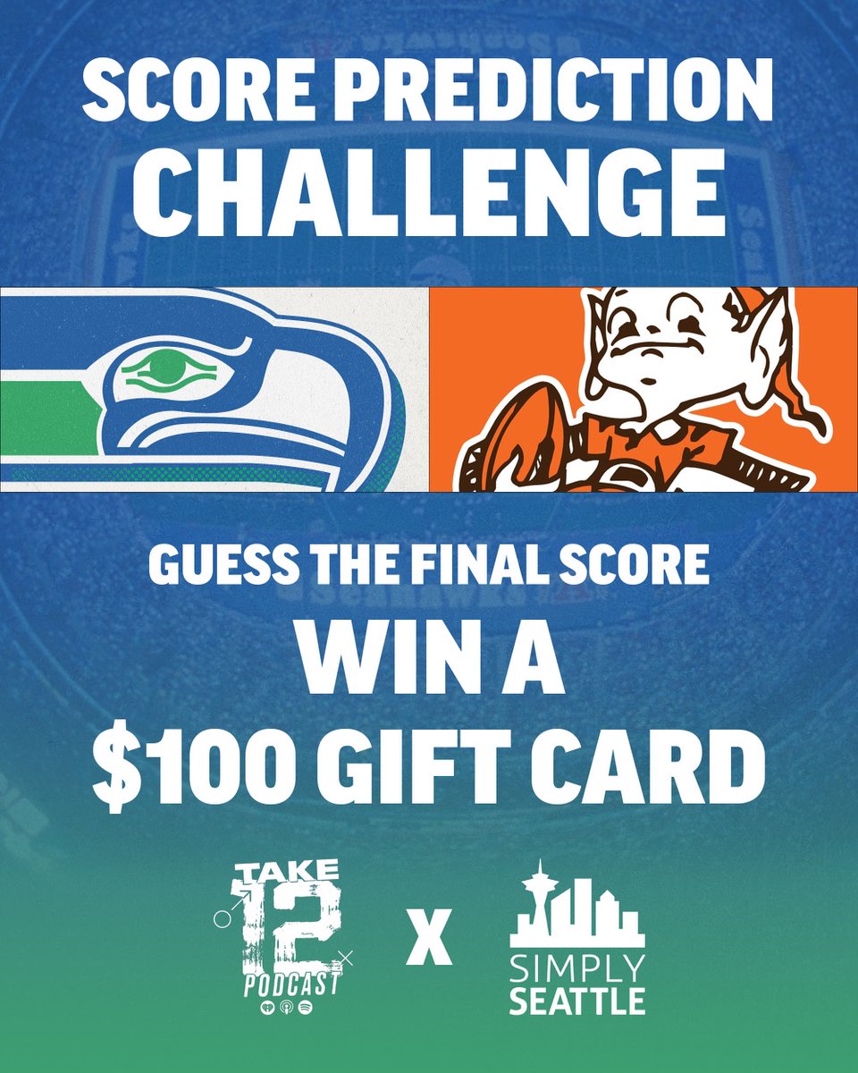 All Day (@alldaypod) on Twitter photo SCORE PREDICTION CHALLENGE - Comment your score prediction below before the #Seahawks vs. #DawgPound kickoff!
If you get it exactly right you win a $100 gift card! If no one gets it, $25 gets added to the pot next week.
Retweet, follow us & <a href="/simplyseattle/">simplyseattle</a> to be eligible to win. SCORE PREDICTION CHALLENGE - Comment your score prediction below before the #Seahawks vs. #DawgPound kickoff!
If you get it exactly right you win a $100 gift card! If no one gets it, $25 gets added to the pot next week.
Retweet, follow us & <a href="/simplyseattle/">simplyseattle</a> to be eligible to win.
