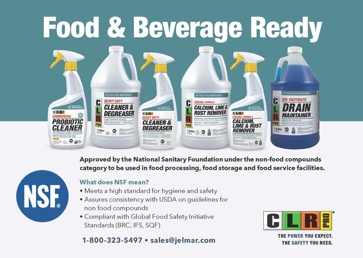 Did you know that CLR PRO® offers NSF registered products? Contact your local sales representative to order.

#clrpro #jelmar #clrbrands #clr #facilitiesmaintenance #industrialcleaners #NSFregistered #foodservice #foodprocessing