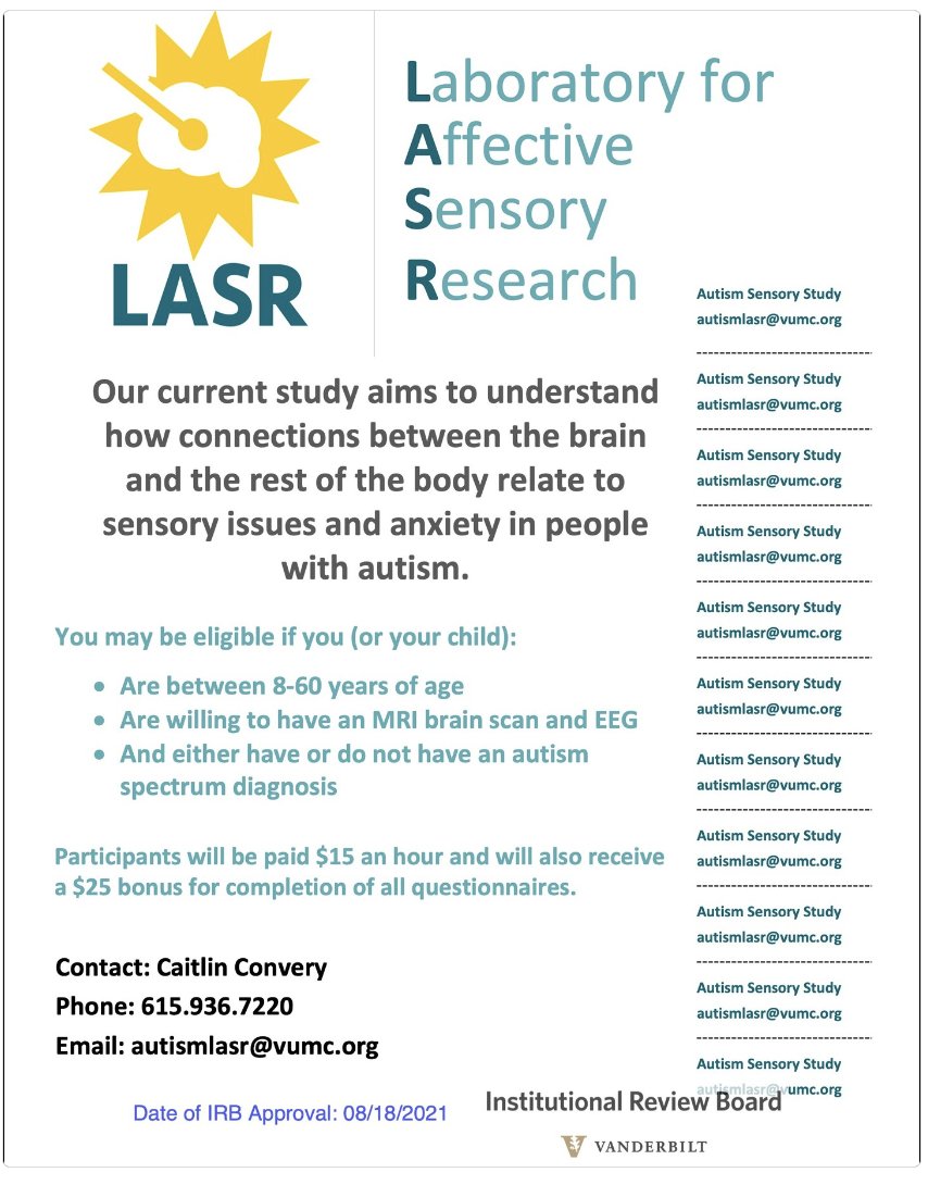 My research lab is recruiting participants for a sensory study. I'm in 2 very interesting labs researching sensory neuroscience. In layman's terms the @AutismLASR lab looks at it from an internal perspective and @VandyWallaceLab looks at it from an external perspective.