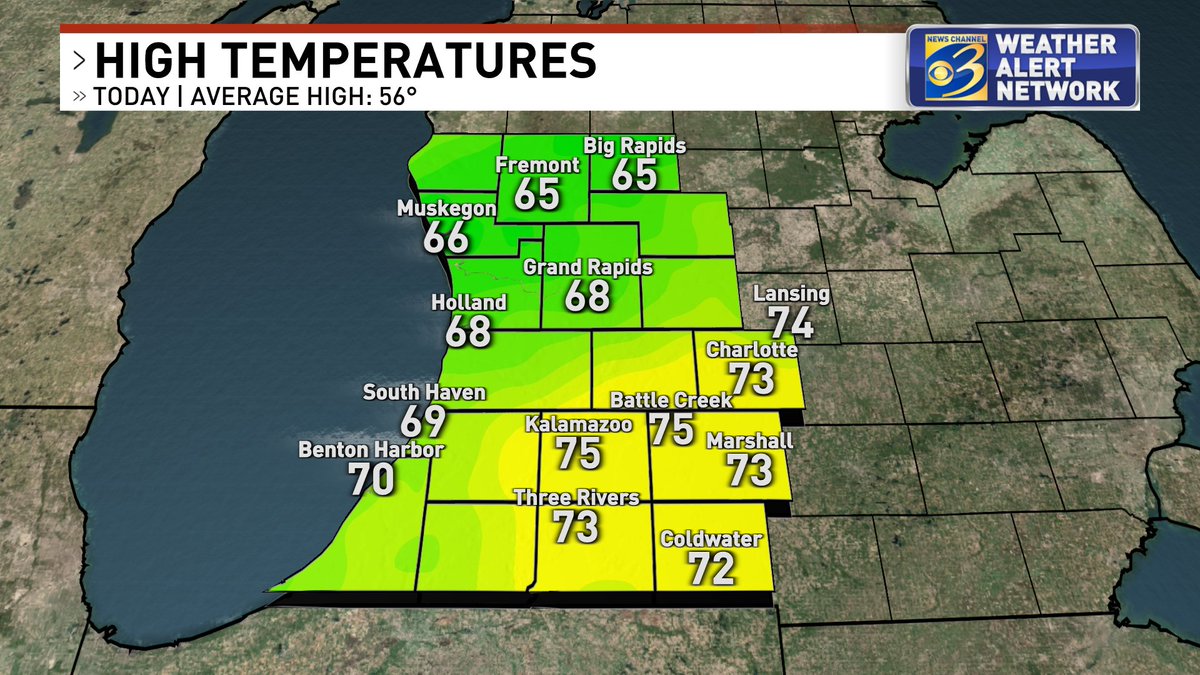 WillWWMT's tweet image. Wowza! Today's high of 75 degrees in Kalamazoo was 4 degrees shy of a record. Temperatures turn much more chilly this weekend after tonight's cold front. #MIwx #wmiwx