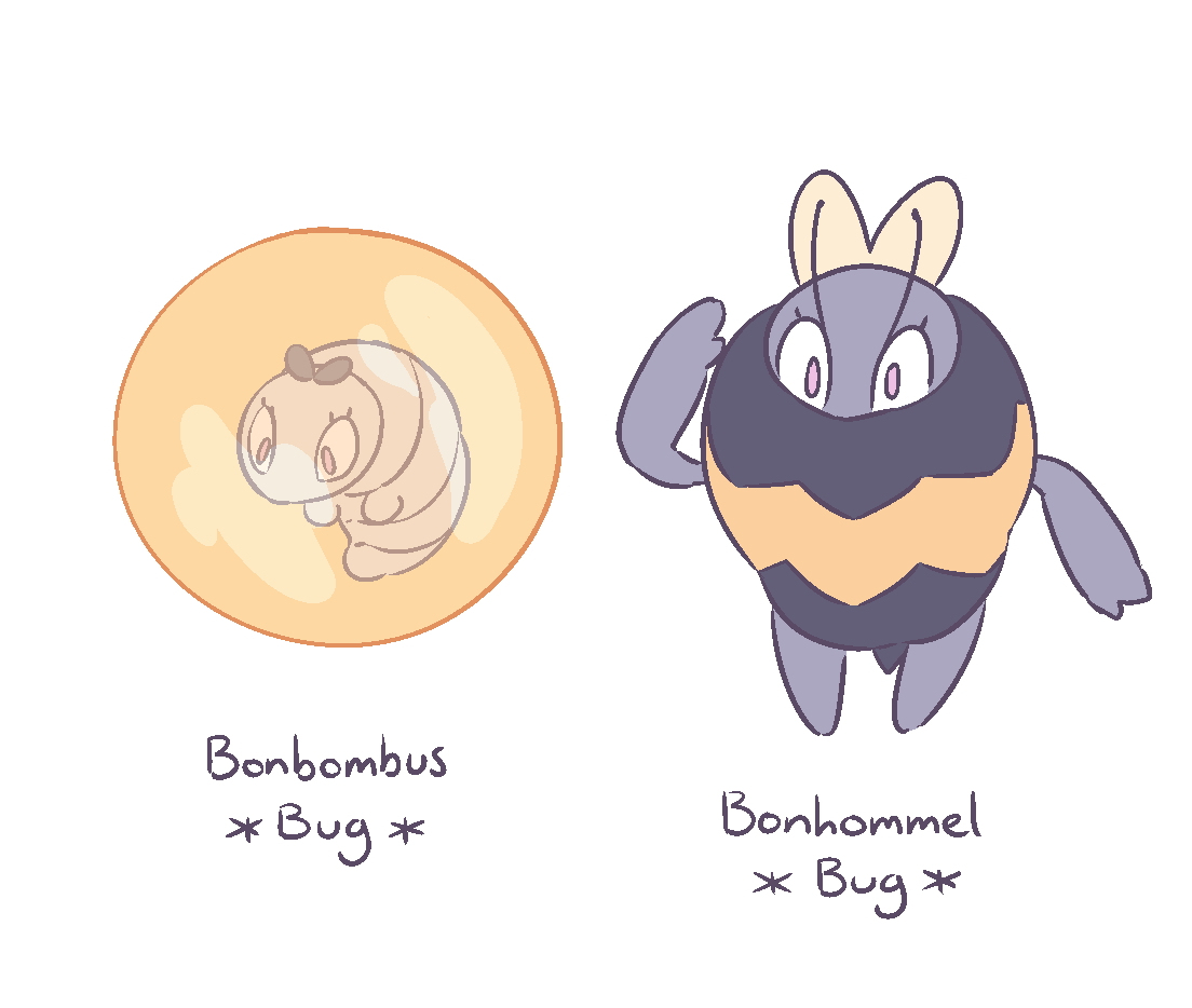 ProfBoxwood's tweet photo. "Bonhommel can be found working diligently for their queen, helping to collect pollen and produce honey. When the queen is endangered, Bonhommel will gather en masse to protect her at all costs" 
#pokemon #fakemon https://t.co/UylO4EmCow