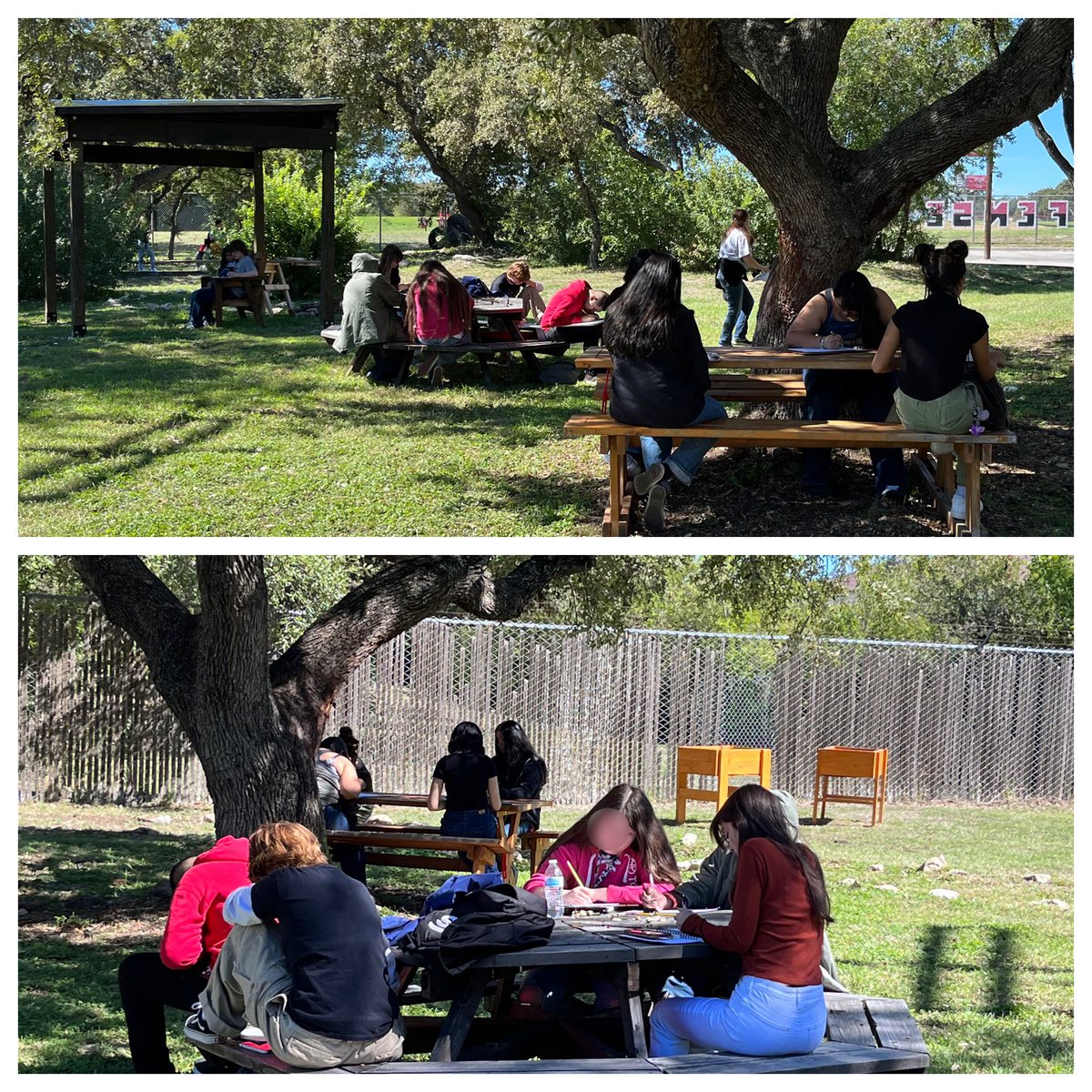 TaftHSLibrary's tweet image. Our outdoor teaching space is taking off! Ms. Woods’ art Ss &amp;amp; Mr. King’s AVID Ss had the privilege of being the 1st to use the ROOTS (Reclaiming Our Outdoor Teaching Space) area.
Ss worked on reference drawings &amp;amp; team building activities 
#raiderslibrary

@NISDTaft  
@NISD