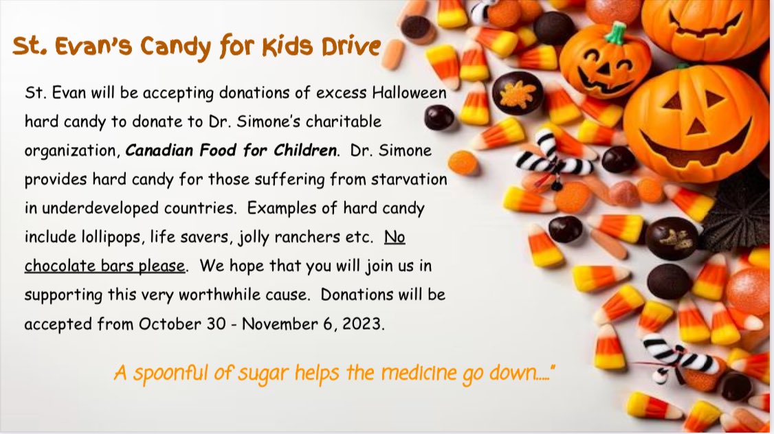 Mrs. Travaglini (@travaglininga) on Twitter photo Hey eagles! Our Candy Drive for Kids for Dr. Simone’s <a href="/Canadianfoodfc/">Canadian Food for Children</a> begins next week. Please consider donating your excess Halloween candy for this worthwhile cause. <a href="/St_EVAN_Caledon/">St. Evan Catholic Elementary School</a> <a href="/Mrs_Sadurski/">Mrs. Sadurski</a> <a href="/Ms_Isip/">Ms. Isip</a> Hey eagles! Our Candy Drive for Kids for Dr. Simone’s <a href="/Canadianfoodfc/">Canadian Food for Children</a> begins next week. Please consider donating your excess Halloween candy for this worthwhile cause. <a href="/St_EVAN_Caledon/">St. Evan Catholic Elementary School</a> <a href="/Mrs_Sadurski/">Mrs. Sadurski</a> <a href="/Ms_Isip/">Ms. Isip</a>