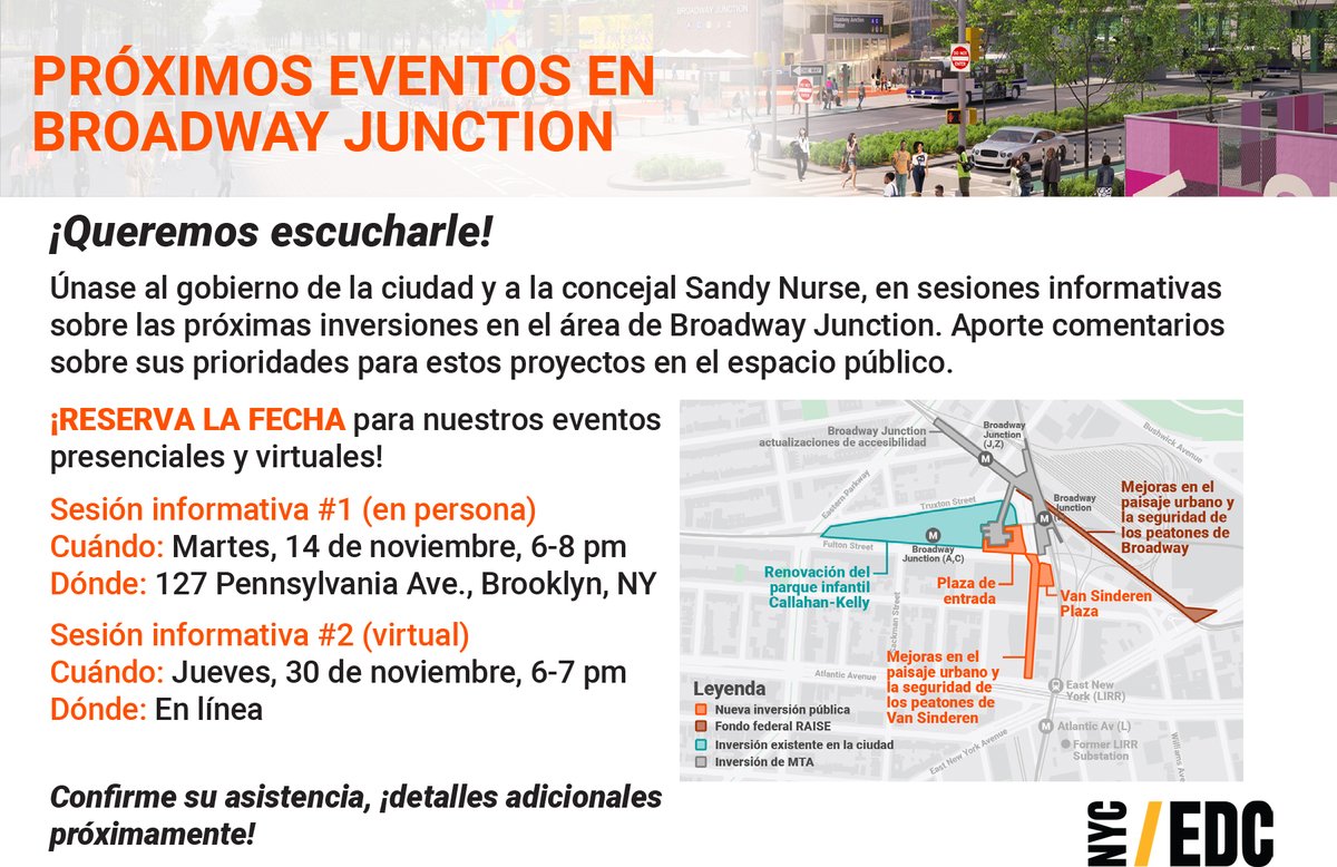 ENYCoalition's tweet photo. Come join us at upcoming info sessions to support #Justice4theJunction and let @SandyforCouncil and @NYCEDC know about YOUR priorities for upcoming investments into #BroadwayJunction!

In-Person Session: November 14th, 6-8PM
Virtual Session: November 30th, 6-7PM https://t.co/Tiii3YMcJd
