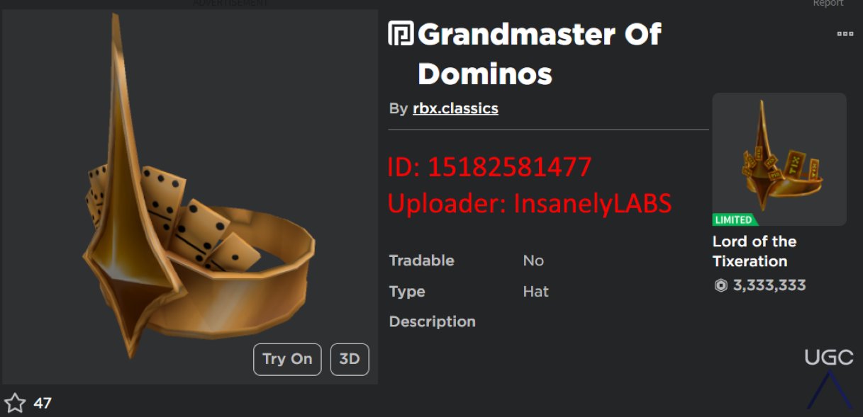 Peak” UGC on X: UGC creator Piav uploaded a 1:1 copy of the limited Dominus  Pittacium in 3 parts. #Roblox #RobloxUGC  / X