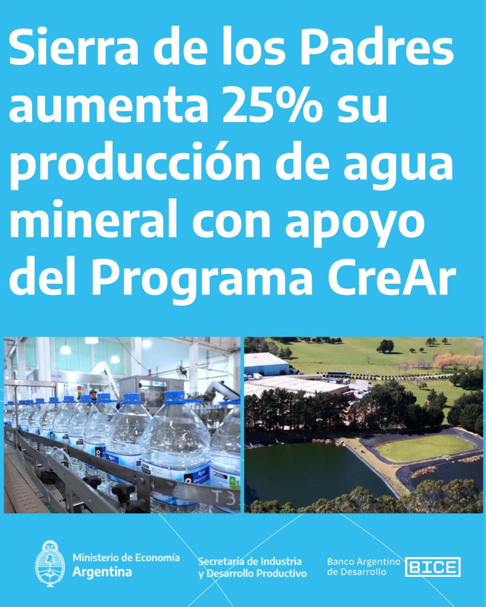 dmvasco's tweet photo. El AGUA MINERAL SIERRA DE LOS PADRES AUMENTA 25% SU PRODUCCIÓN

Con apoyo de CreAr y @bice_arg están invirtiendo en tecnología de punta.

No es un dato aislado: son expectativas en el futuro del desarrollo industrial con Sergio Massa.  👉 https://t.co/B4dQ7hb9AV https://t.co/Xj9c84JnOm