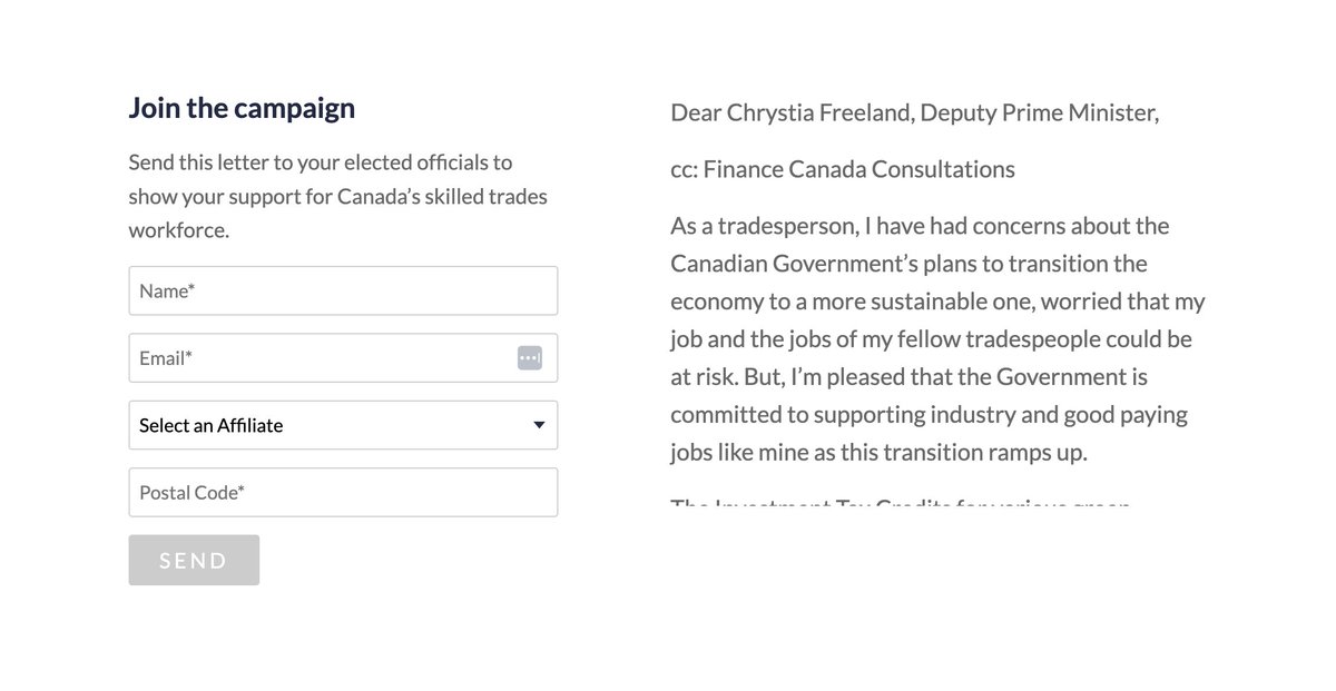 Take a couple seconds to send a message to the government and your Member of Parliament. Follow the link and fill out the form (as shown below). Let's create better-paying jobs in Alberta and across Canada! #prevailingwage #skilledtrades buildingtrades.ca/advocacy/inves…