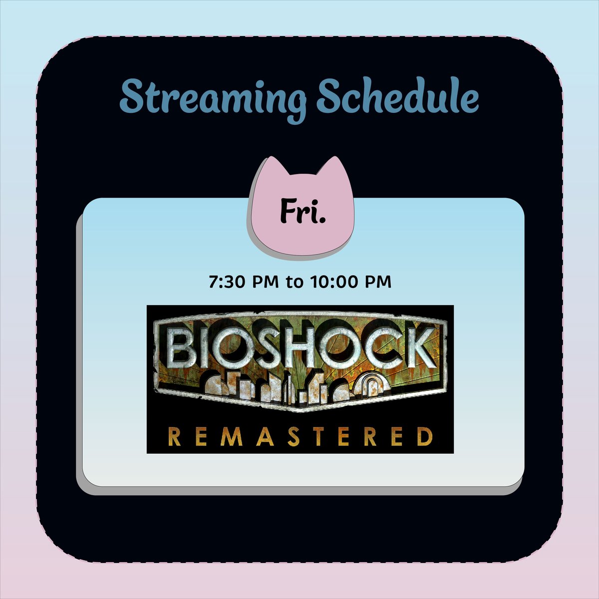 blubby_cat's tweet photo. Hopefully I don't die again.

Join my stream today at 7:30 pm. I will streaming Bioshock 1.

Update: Might be changing the schedule. Working on some more stickers.

#blubbycat #blubby #twitch #twitchstreamer #twitchschedule #StreamingLive #streamer #bioshock #BioshockRemastered https://t.co/wHGiIDoNAJ