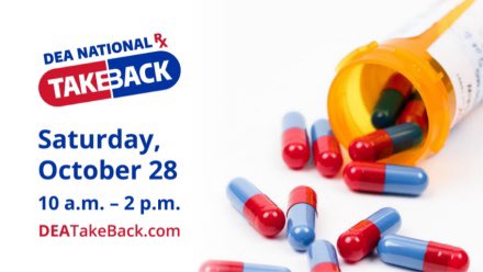 Dispose of your surplus, expired or unused prescription medications. Join me for #TakeBackDay on Friday, October 28th, from 10am to 2pm. Find a convenient collection site near you at DEATakeBack.com
