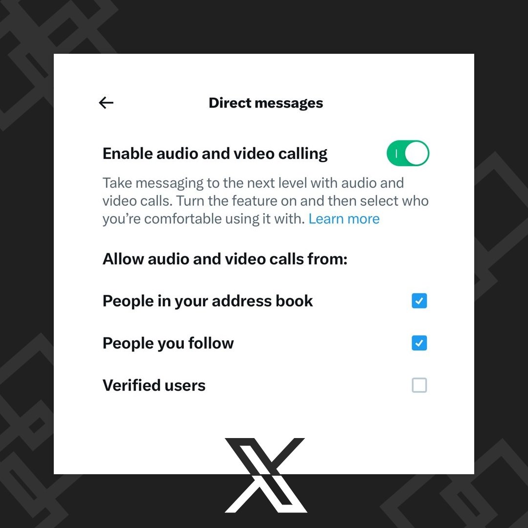 iamnerus's tweet image. To enable video and voice calls on 𝕏:

Go to Settings &amp;gt; Privacy &amp;amp; Safety &amp;gt; Direct Messages &amp;gt; Enable Audio &amp;amp; Video Calling
#Twittervideosِ @elonmusk
#goviral #xvoicecall #xvideocall #Trending