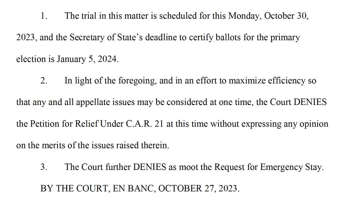 rparloff's tweet photo. JUST NOW:  Colo Supreme Court denies Trump's request for emergency stay of Monday's trial in suit to keep him off ballot there as insurrectionist. https://t.co/NxV5GctDtb