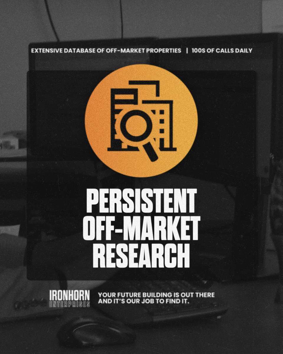 🟠 Persistent Off-Market Research

Your future building is out there waiting for you, and it’s our job to find it.

We have an extensive database of off-market properties across the US.

🎯 Increase the accuracy of your search &amp; meet your company's EXACT needs.
