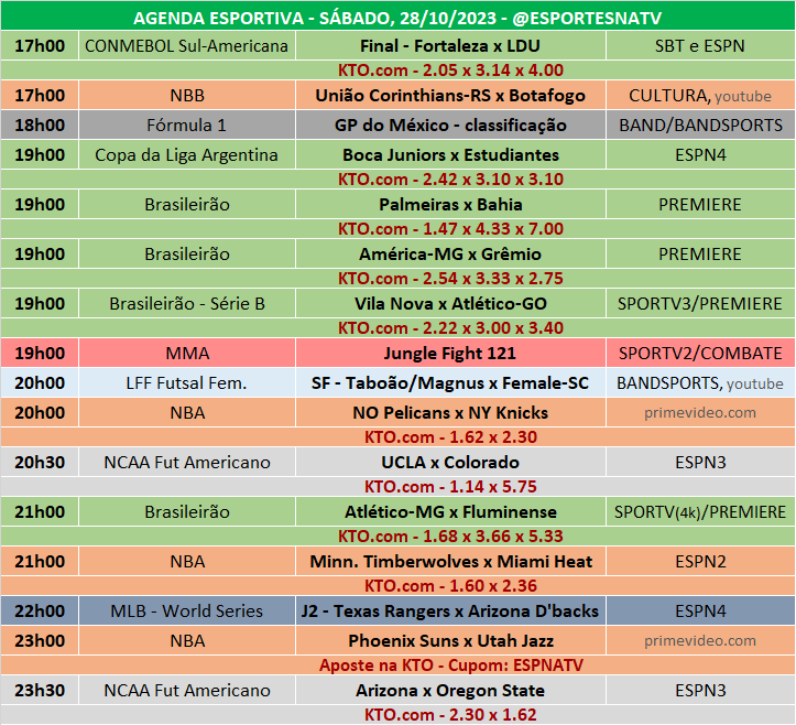 Esportes Na TV 📺 on X: A agenda esportiva deste SÁBADO (11/11/2023) Faça  sua aposta na @KTO_brasil utilizando o cupom ESPNATV no cadastro e garanta  20% de bônus no seu primeiro depósito!