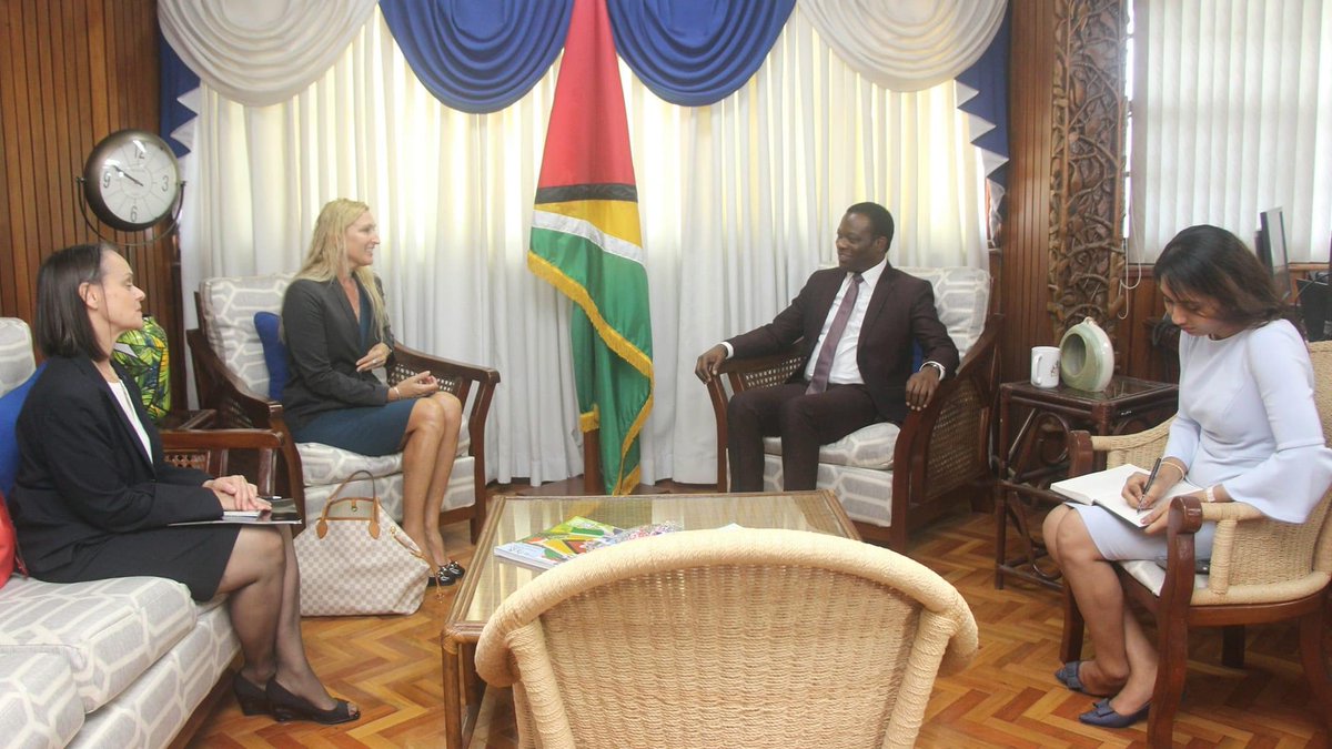 The Hon. Hugh Hilton Todd, Foreign Minister of Guyana, received a courtesy call from Her Excellency Ms. Nicole D. Theriot, Ambassador of the United States of America to the Co-operative Republic of Guyana, after she presented her letters of Credence to H.E. President Irfaan Ali.