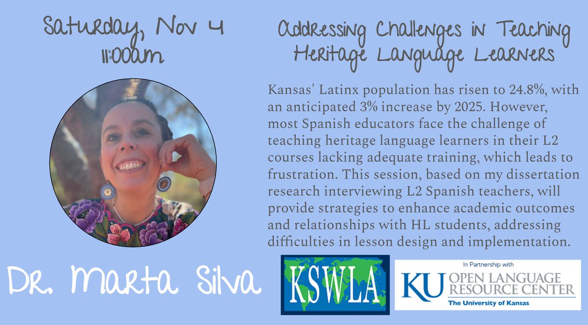 🪫1 WEEK UNTIL <a href="/KSWLA/">KSWLA</a> CONFERENCE  We can't wait to see you &amp; to connect with these critical voices in the KS World Language field 🌐: @MSilvaSerrano  #langchat #ksedchat #kslangchat shorturl.at/mnN45