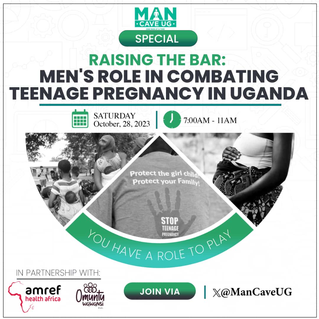 Join @ManCaveUG, @Amref_Worldwide and partners for an X-Space Conversation themed Raising the Bar: Men's Role in Combating Teenage Pregnancy in Uganda scheduled for 7AM to 11AM in the morning.

#ManCaveUG #EndTeenagePregnancyUG