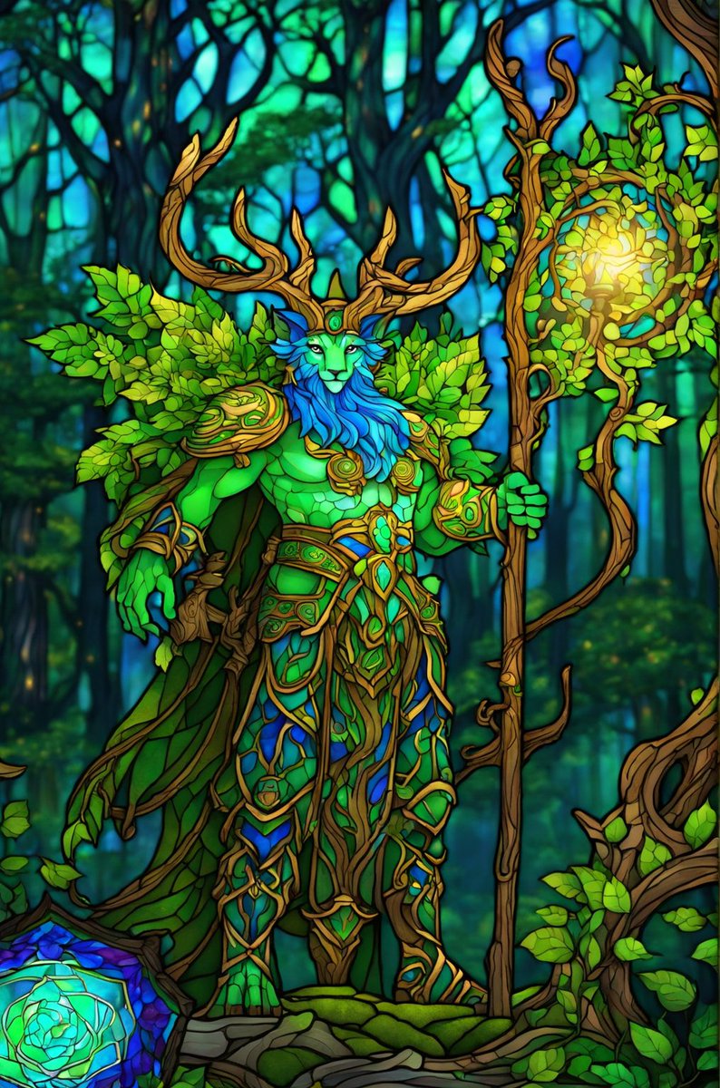 Dota_eSports's tweet photo. A majestic forest guardian with mossy bark skin, nature-green eyes, standing among ancient trees, holding a staff with a radiant blue flower that casts a serene glow. #Dota2 #TI12 https://t.co/xk8JefL0fL