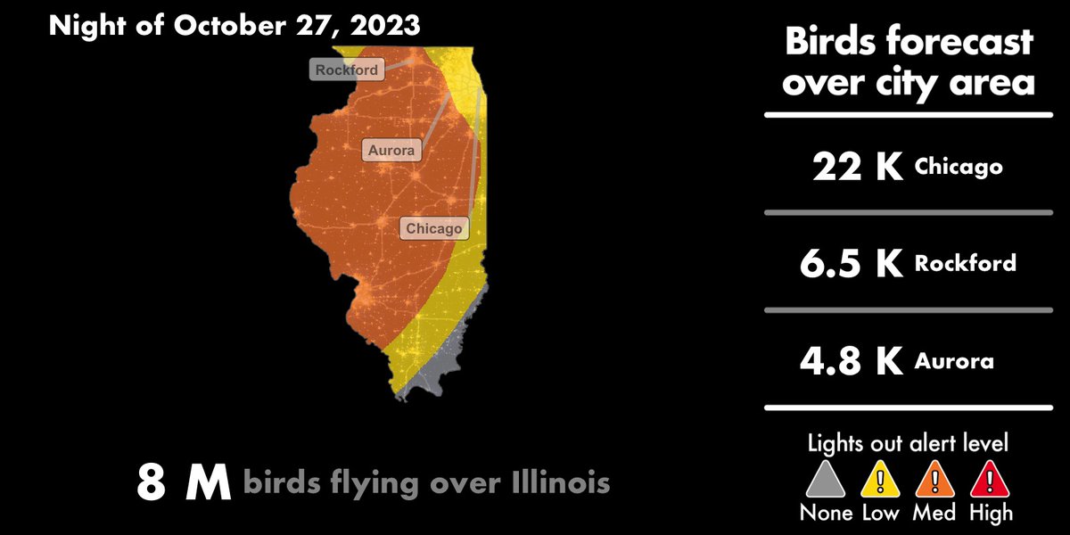Migration is not over yet, folks!

Friday night, lights out, cats in, bird tape up!        

Migration-o-meter: 🐦🐦🐦🐦🐦🐦🐦🐦

8 million birds expected to fly over Illinois tonight. If you find a bird in need, call us: 773-988-1867.