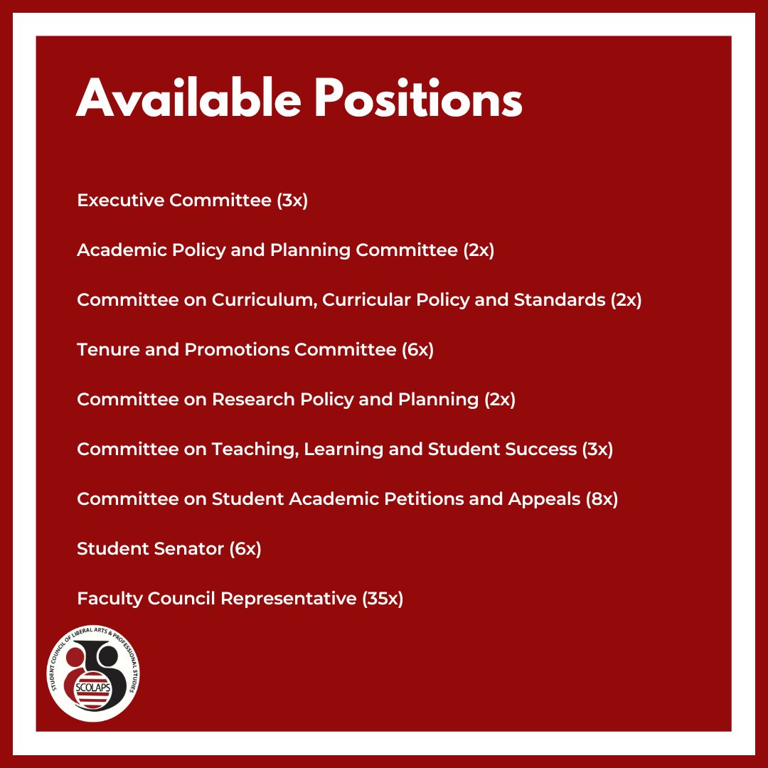 SCOLAPS! It’s that time of year again. 🍂

Send us your by-election nominations using the link in our bio.

These are volunteer positions, open to all LA&amp;PS students.

We are accepting applications until November 30th, so make sure to apply before positions run out!