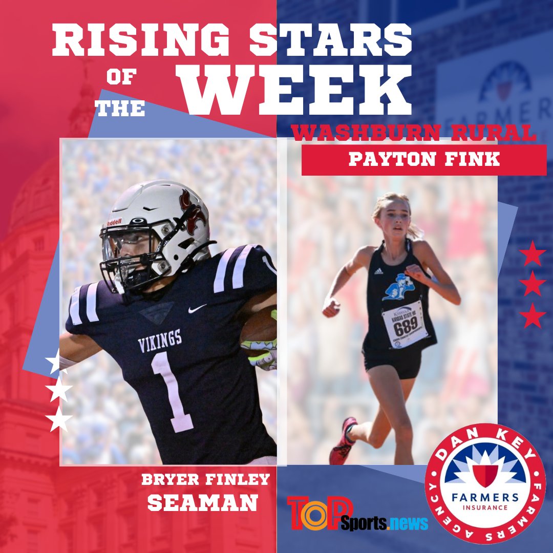✨ RISING STARS ✨

The Dan Key Farmers Agency is happy to announce this week's Rising Stars of the Week! Female Cross Country runner, Payton Fink, from Washburn Rural and Male Football player from Seaman, Bryer Finley have been selected as our Rising Stars!