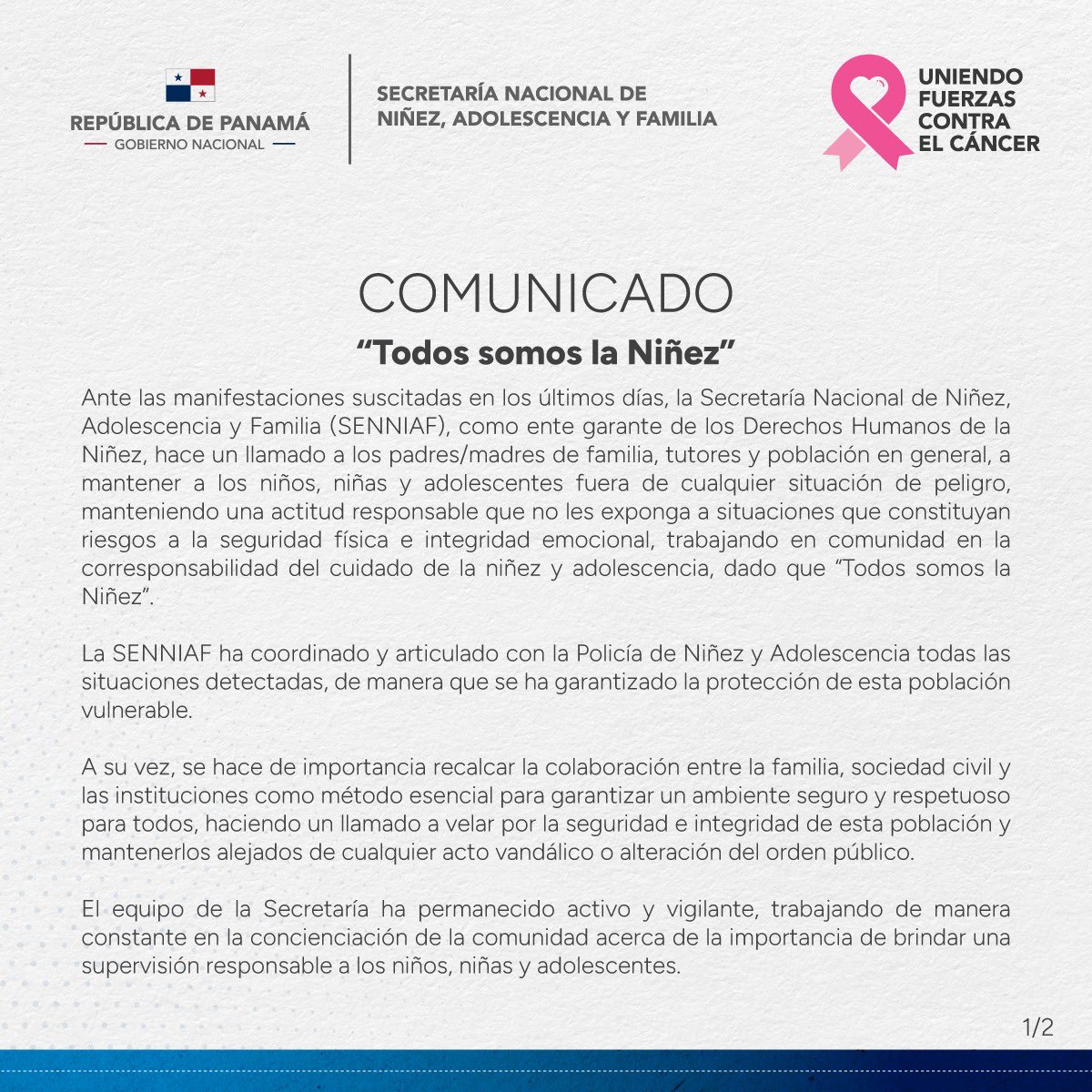 Senniaf's tweet photo. “Todos somos la Niñez”

Ante las manifestaciones de los últimos días, hacemos un llamado a la población a garantizar la seguridad de los niños, niñas y adolescentes, manteniéndolos alejados de cualquier situación de riesgo. https://t.co/3BtXLFTiL8