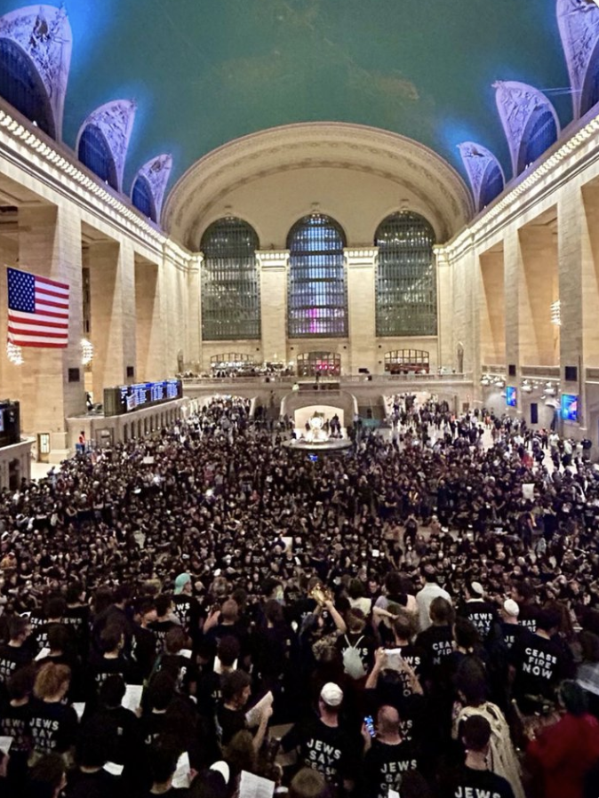 Grand Central Station - right now. Demonstration calling for a cease fire