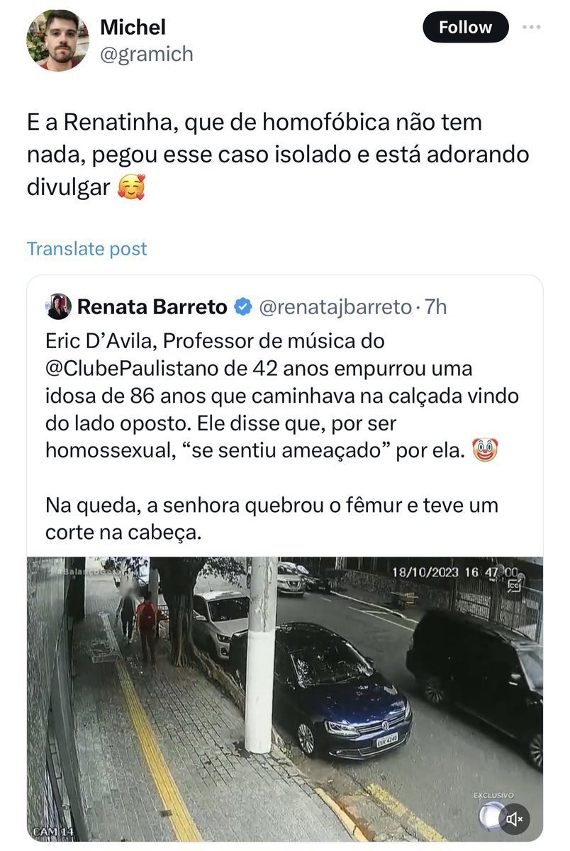 Vejam como funciona a cabeça desses militantes malucos: O cara empurra uma senhora de 86 anos de graça e ai o cidadão abaixo não se consterna com isso, ao contrário, diz que eu sou homofóbica (???).