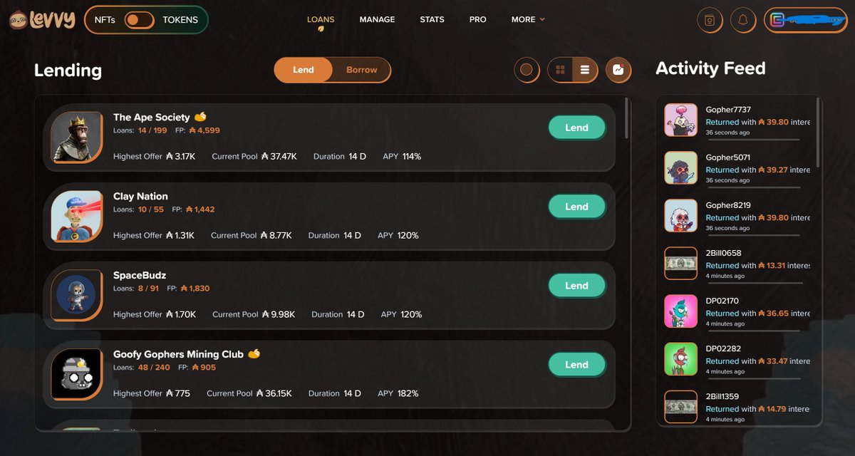 Over the last few weeks, I've been experimenting with <a href="/levvyfinance/">Levvy</a> - an NFT / Token lending and borrowing platform on Cardano. So far, my total volume has been around $3,000.

Between it and <a href="/LenfiOfficial/">Lenfi</a> (which I've only dabbled with superficially), I prefer Levy. It's simply