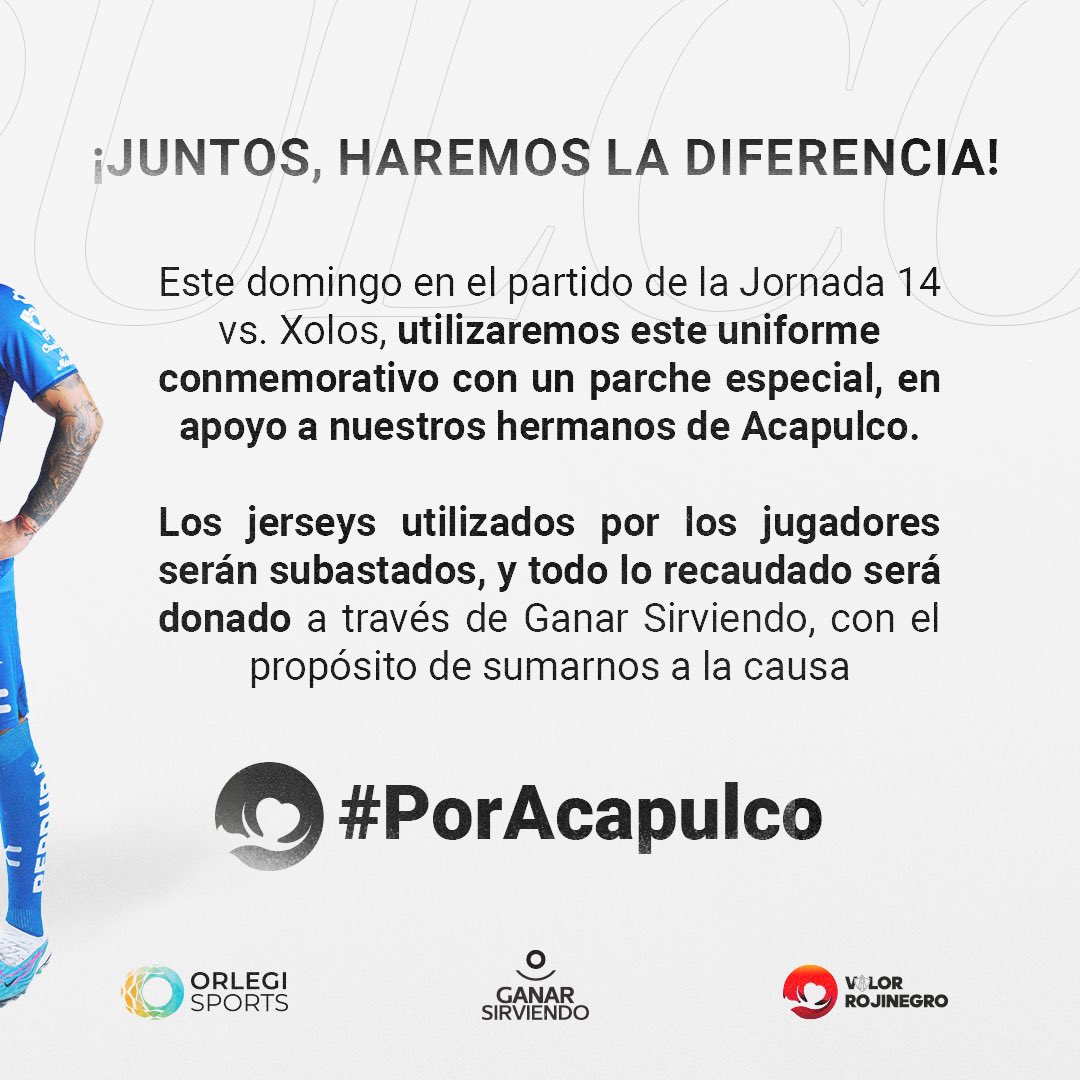 ¡Rojinegros! ¡Este partido ante Xolos será #PorAcapulco! 🦊 

Debido a las afectaciones que el Huracán Otis ha dejado en Guerrero, utilizaremos uniforme azul con un distintivo especial, el cual será subastado; todas las ganancias serán donadas a nuestros amigos de Acapulco. ❤️🖤