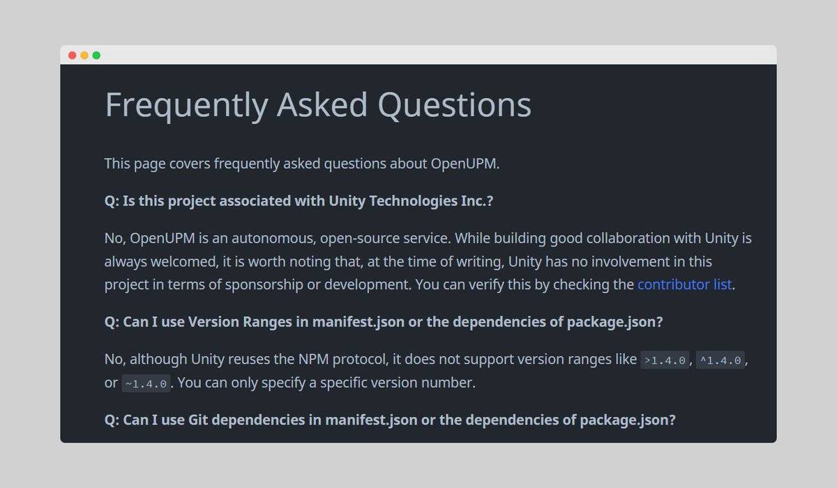 We've introduced a FAQ page to assist you in tackling common questions: openupm.com/docs/faq.html